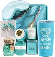 Spa Gift Set for Women with Tumbler, Bath Bombs, Scented Candle, Soap, Sleep Mask, Turquoise (Blue)