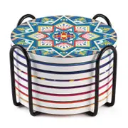 LIFVER by Dowan 8 Packs Mandala Style Ceramic Coasters with Holder, 4 Inches