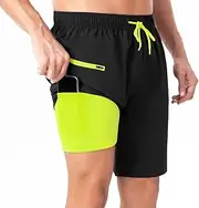 [AutoWT] Men's Swim Trunks, 2 in 1 Quick Quick Dry Beach Swimming Board Shorts, Sun Protection Swim Shorts Swimwear Bathing Suits with Compression Liner and Zipper Pocket for Men