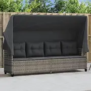 VRAXO Sun Lounger with Canopy and Cushions Grey Poly Rattan -23KG,368337