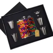 Whacky Cartoon Rainbow Kitties Leather Flask Black Box Gift Set