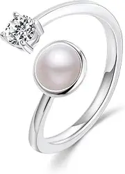 [AiliFe] Silver Pearl Rings for Women and Girls, Cubic Zirconia Open Wrap Ring, 14K White Gold Statement Minimalist Wedding Engagement Valentine's Day Gift