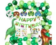 Dinosaur birthday decoration set, happy birthday garland and large dinosaur foil balloons with cake topper