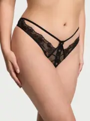 Victoria's Secret Rose Lace & Grommet Crotchless Thong Panty Black S NEW