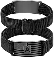 [SKQIR] American Flag Initial Bracelet for Men Boys Patriotic Adjustable Stretchy Band Black/Silver Grey American Flag A-Z Letter Charm Bracelet Jewelry Gifts for Men Cool Durable Teen Boy Sports Accessories