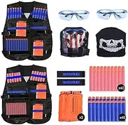 Kids Tactical Vest, 2 Sets Tactical Vest for Nerf Guns N-Strike Elite Series with 80Pcs Refill Darts, 2 Reload Clips, 2 Tactical Masks, 2 Wrist Bands and 2 Protective Glasses