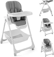 BABY JOY Baby High Chair, Foldable Highchair w/ 7 Heights, 5 Recline Positions, Adjustable Footrest, Removable Double Tray, Storage Basket, Portable High Chairs for Babies & Toddlers with Wheels (Grey)