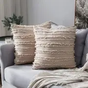 Set of 2 Decorative Boho Throw Pillow Covers Linen 18" x 18" (Pack of 2) Beige