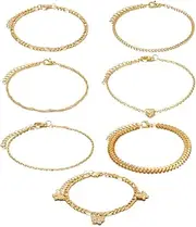 [Generic] 7PCS Gold Plated Ankle Bracelets for Women Layered Link Chain Anklets Waterproof Paperclip Bead Gold Anklets Trendy Summer Beach Foot Jewelry