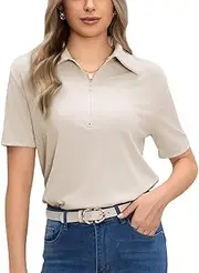 [Verdusa] Women's Collared Shirts Quarter Zip Pullover Short Sleeve Poloshirts Business Casual Tops