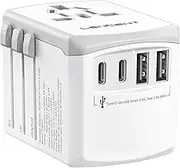 LENCENT Universal Travel Adapter, International Charger with 2 USB Ports and Type-C PD Fast Charging Adaptor for Mobile Phone, Tablet. for 200 Countries Type A/C/G/I (USA, Japan, Bali, UK, EU), White