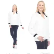 Joseph Ribkoff Vanilla & Black Trim Surplice Long Sleeve Blouse Size 8 NWT