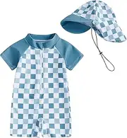 [Dewadbow] Baby Boy Girl Swimsuit Toddler Checkered Print Half Zip One Piece Bathing Suit Swimsuit Rash Guard Surfing Suit Hat