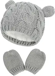 [ANDRESLAD] 1Set Winter Knitted Hat and Gloves Cute Cap with Ear Design for Boys and Warm and Cozy Winter Accessories for Months Boy Girl Present for Newborns Grey