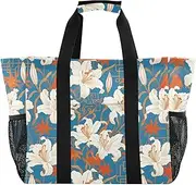 [sanluoli] Tote Bags For Women Foldable Beach Tote Bag With Pockets with Handles Tote Bag For Car, Flat Geometric Pattern Lily Colorful, 1 size