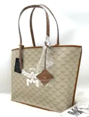 AUTH NWT MCM Himmel Lauretos Medium Faux Leather Tote Shopper -Beige/ Oatmeal