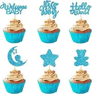 24 Pack Cupcake Toppers, Glitter Hello Baby Moon Baby Cute Cartoon Cupcake Toppers for Boys and Girl Birthday Theme Party Cake Decorations Supplies. (Boy)