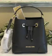 MICHAEL KORS MERCER SMALL XS BUCKET DRAWSTRING CROSSBODY MK BAG BLACK LEATHER