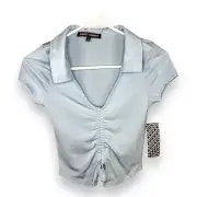 NEW Medium Almost Famous Pastel Light Blue Crop Top Stretch Juniors V Neck