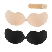 Super Sticky Invisible Push up Selfdhesive Bra Backless Breast Black+beige A