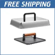 Premium 14" Stainless Steel Basting Cover with Cast Iron Burger Press Combo