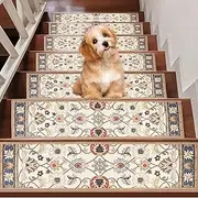 SUPPI 8"x30" Stair Runner Self Adhesive, 15PCS Stair Runner for Wooden Steps, Reusable Staircase Step Treads Indoor, Stair-Treads Non Slip, Residue Free Stair Carpet Mat for Kids and Dogs(Flower)
