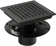 6 inch Matte Black Square Shower Floor Drain with Flange Quadrato Pattern Grate