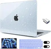 MEEgoodo Glitter Case for M4/M3/M2 MacBook Air 15 inch Case 2025 2024 2023, Fit Model (A3241/A3114/A2941), Laptop Shell with Keyboard Cover&Camera Cover&OTG Adapter& Screen Protector, Sky Blue