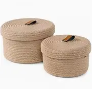 [GUDAJIN] Set of 2 Round Baskets with Lids, Decorative Baskets with Lids, Natural Hemp Rope Baskets, with Genuine Leather Handles, Storage Baskets, Home Decor for Organizing Storage