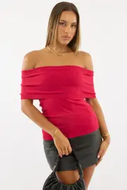 Red Bardot Knit Top Short Sleeve - Size 14L, Women's Crop Knitted