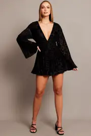 Black Playsuit Flare Sleeve Velvet Burnout Devore - Size 10, Women's Playsuit