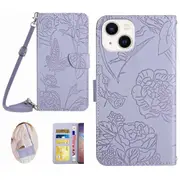 HT03 For iPhone 15 Plus PU Leather Phone Cover Stand Wallet Imprinted Case with Shoulder Strap