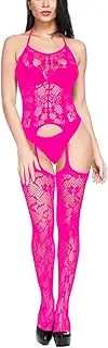 [UAREBST] Rose Red Fishnet Lingerie for Women, Mesh Chemise Babydoll Bodysuit Sexy Lingerie with Stockings Exotic Dancewear, Rose Red, One size