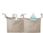 Crib Storage Caddy, Portable Bedside Bag Diaper Nursery Crib Organizer, Cotton Multiple-Use Baby Bedding Organizing Bag with 2 Pockets for Nappy