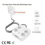 EU Plug Power Strip with 4 AC Outlets+3 USB+ 1 Type C +2M/3M Braided Cable Multi