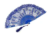 Rose Lace Folding Fan with Tassel Vintage Wedding Dance Performance Photo Props Portable Summer Hand Held Fan Party Supplies Gift-Royal Blue - Royal Blue