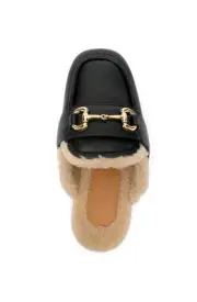 $1190 Gucci Horsebit Leather Mules Flats With Fur Shearling Black Sz 36 US 6 NIB