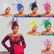 Elegant Women Bridal Mesh Flower Feather Pleated Hat Muslim Turban African Cap