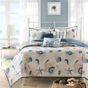 BEAUTIFUL BEACH OCEAN NAUTICAL SHORE SHELL CORAL NAVY TROPICAL BLUE QUILT SET