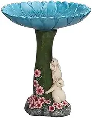 7.9" Tall Resin Pedestal Bird Bath - Rabbit & Flower Garden Ornament for Yard, Table & Outdoor Decor