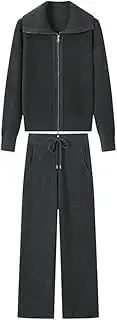 [LNYHLXS] Early Autumn Casual Set Women's Fashion Flip Neck Sweater Wide Leg Pants Knitted Two Piece Set