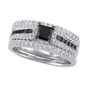 1.13 CT. T.W. Enhanced Black Princess-Cut Natural Diamond Three Piece Bridal Engagement Ring Set in Sterling Silver