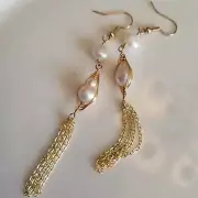 14K Gold Plated Natural Freshwater Long Tassel Baroque White Pearl Earrings