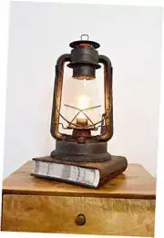 Rustic Farmhouse Lantern Table Lamp: Dimmable, Edison Bulb, Line Cord Brown