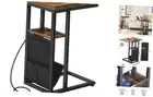 C Shaped Side Table with Charging Station, Foldable C End Rustic Brown + Black