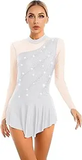 [Sxiwei] Women's Glitter Rhinestone Sheer Mesh Patchwork Long Sleeve Figure Skating Dress Lyrical Dance Costume