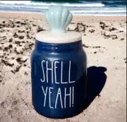 Rae Dunn SHELL YEAH Navy Blue Ceramic Canister Clam Shell Topper NWT