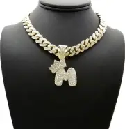 Gold PT Bubble Alphabet M Pendant & 16" ~ 24" Iced Cuban Box Lock Chain Necklace