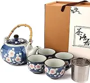 PUNNIO Japanese Tea Set, Japanese Style Porcelain Tea Sets for Adult, 1 Ceramic Tea Pot with Handle & 1 Stainless Steel Tea Filter & 4 Tea Cups (Sakura)