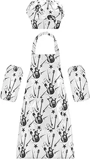 AIXIWAWA Kids Apron Chef Hat Set, Child Kitchen Bib Aprons Adjustable for Cooking Baking Painting (Rock Music Guitars)